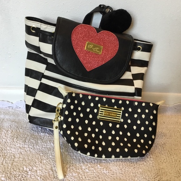 Betsey Johnson Love Betsey Striped Backpack and Polka Dot Zippered Clutc… - Picture 1 of 16